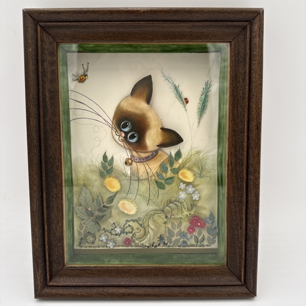 Vtg 60s George Buckett Big Eye Siamese Cat 3D Shadow Box Framed Wall Art Picture